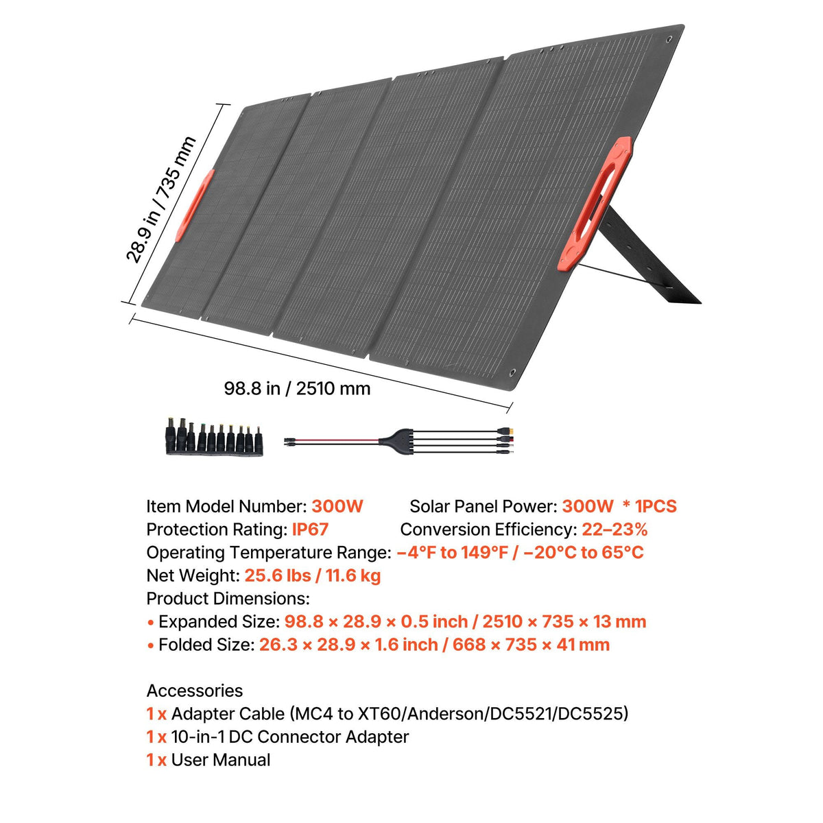 300W Foldable Monocrystalline Solar Panel, 23% High-Efficiency Portable Mono Solar Panel Charger with MC4 Output & 10-in-1 DC Adapters, IP67 Waterproof for Power Stations, Camping, Hiking Trips