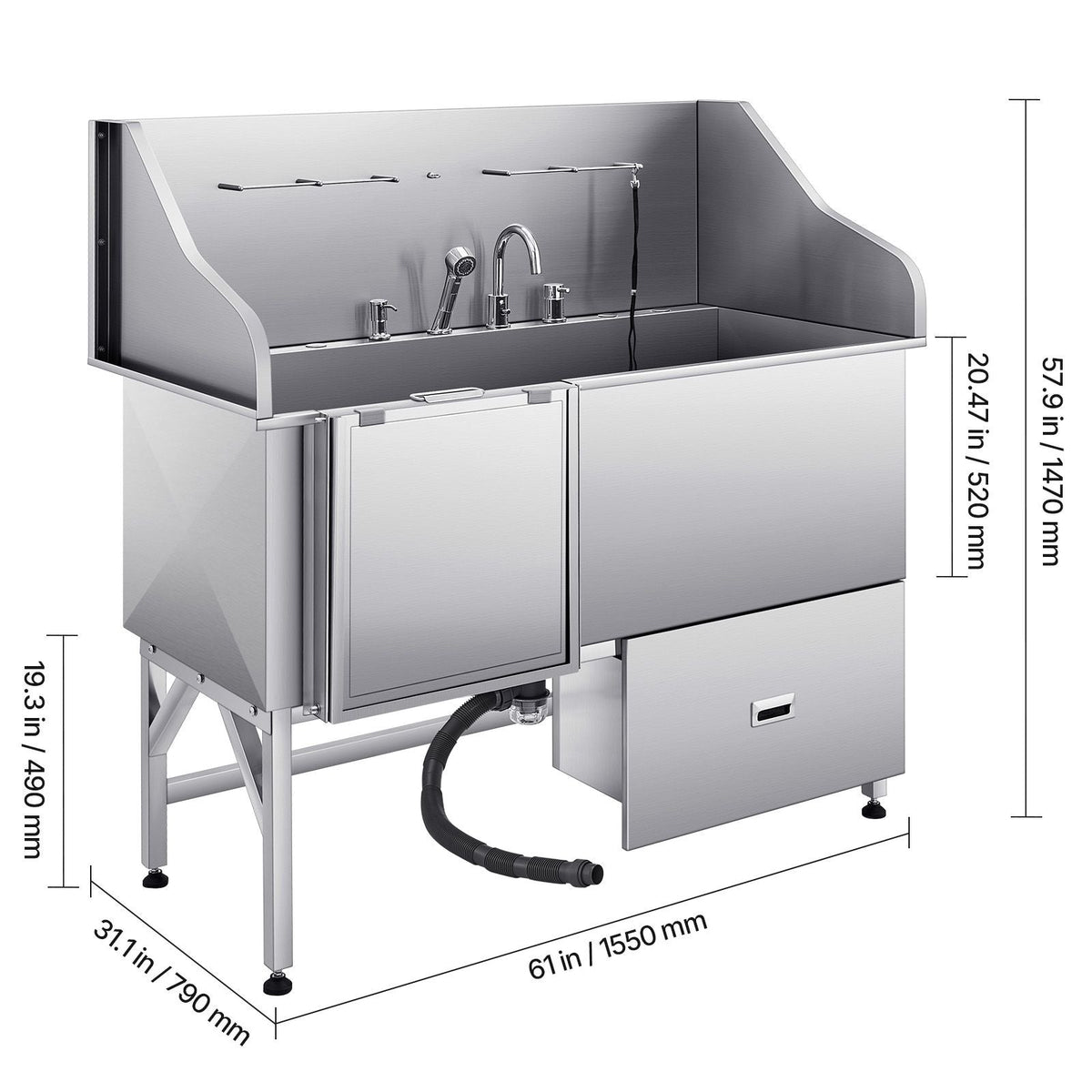 304 Stainless Steel Dog Washing Station, 61 Inch Pet Grooming Tub with Non-Slip Low-Slope Ramp, Storage Drawer, Hot & Cold Faucet, All-in-One Bath for Grooming Shop, Fits All Sizes (Left Door)