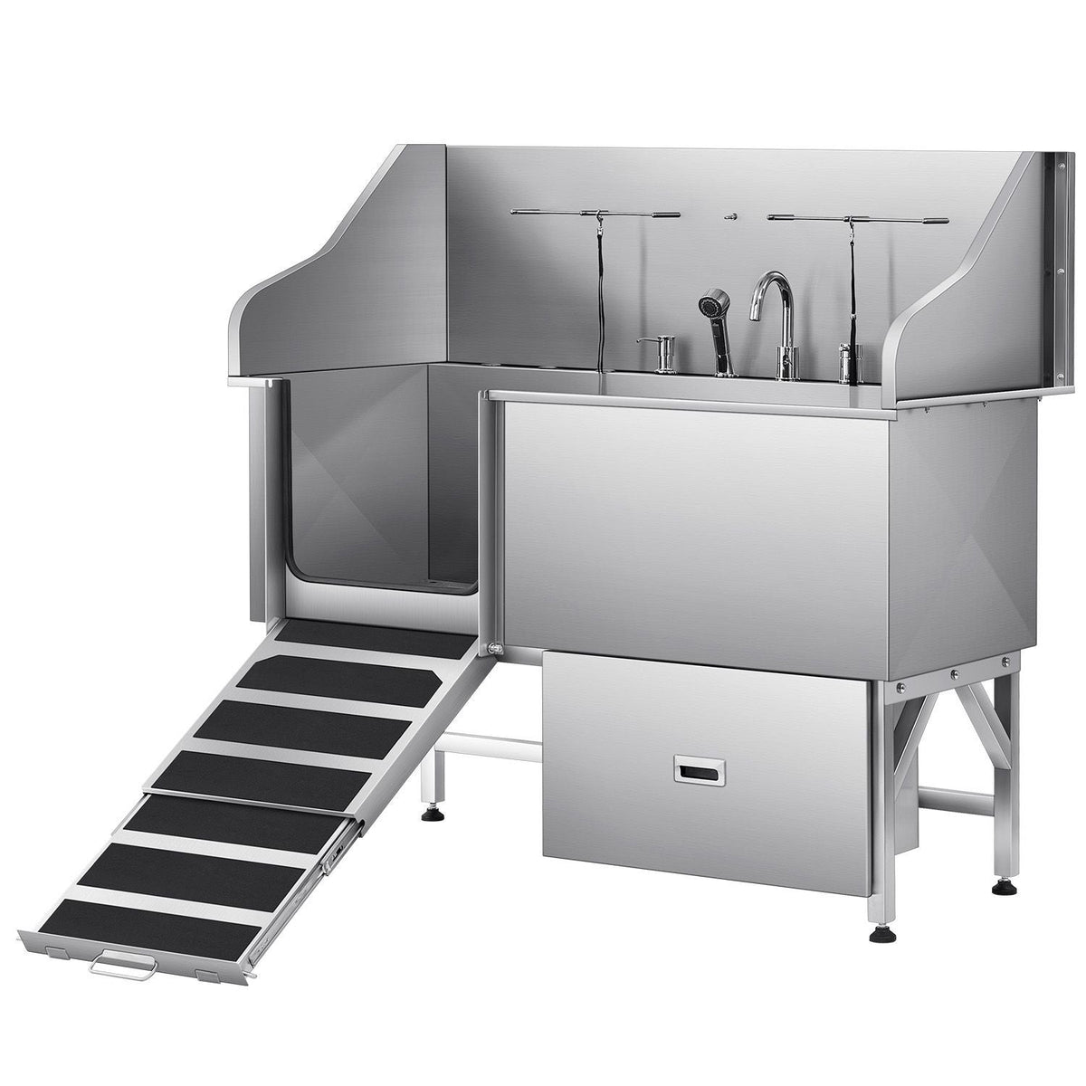 304 Stainless Steel Dog Washing Station, 61 Inch Pet Grooming Tub with Non-Slip Low-Slope Ramp, Storage Drawer, Hot & Cold Faucet, All-in-One Bath for Grooming Shop, Fits All Sizes (Left Door)