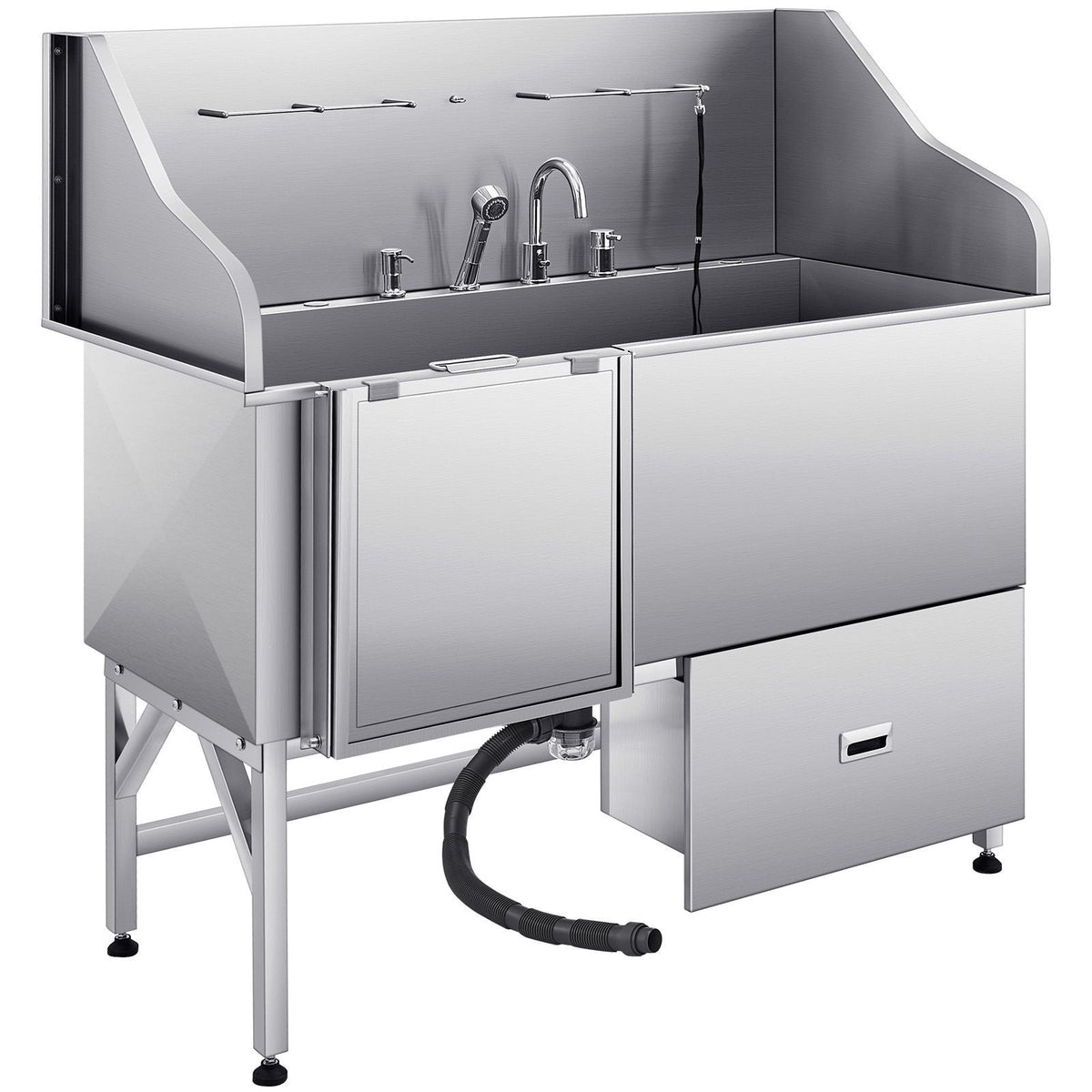 304 Stainless Steel Dog Washing Station, 61 Inch Pet Grooming Tub with Non-Slip Low-Slope Ramp, Storage Drawer, Hot & Cold Faucet, All-in-One Bath for Grooming Shop, Fits All Sizes (Left Door)