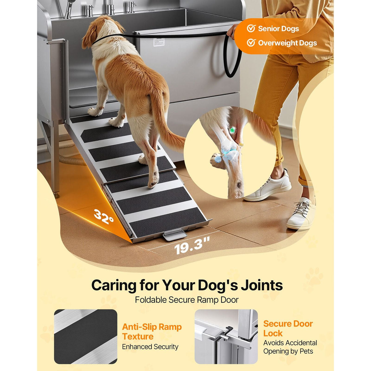 304 Stainless Steel Dog Washing Station, 61 Inch Pet Grooming Tub with Non-Slip Low-Slope Ramp, Storage Drawer, Hot & Cold Faucet, All-in-One Bath for Grooming Shop, Fits All Sizes (Left Door)