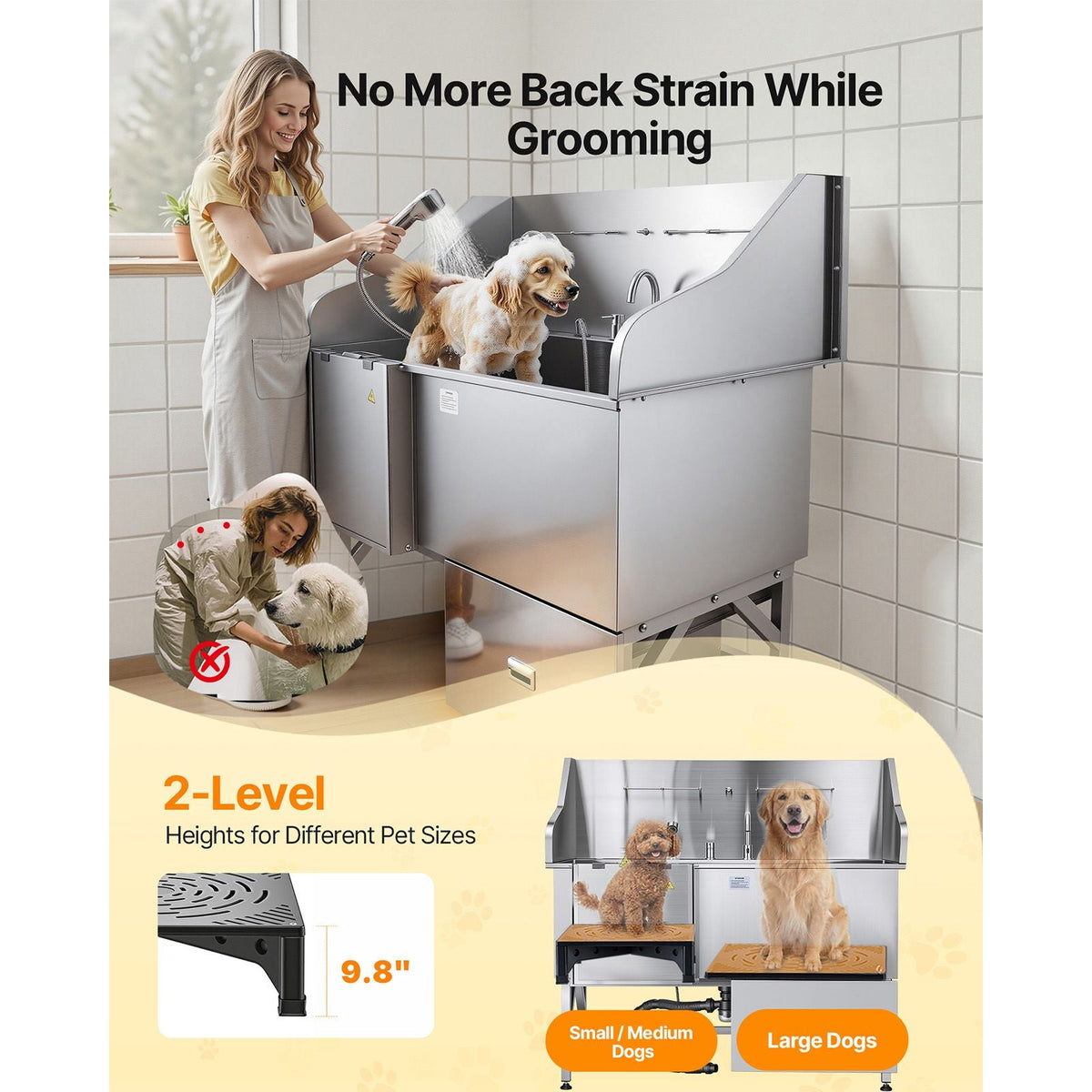 304 Stainless Steel Dog Washing Station, 61 Inch Pet Grooming Tub with Non-Slip Low-Slope Ramp, Storage Drawer, Hot & Cold Faucet, All-in-One Bath for Grooming Shop, Fits All Sizes (Left Door)