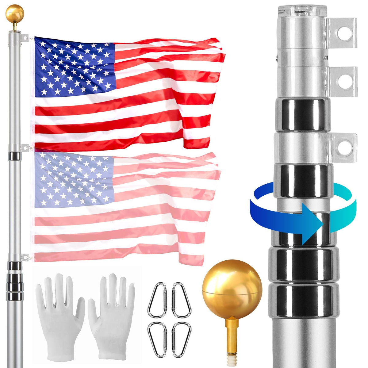 30FT Telescoping Flag pole Kit, Heavy Duty Aluminum Alloy in Ground Flag Poles for Outside, 3 Display Modes Flagpole with 3x5 American Flag, Professional Accessories, Silver