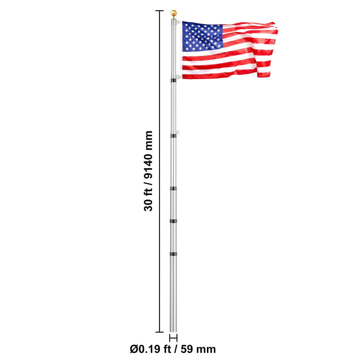 30FT Telescoping Flag pole Kit, Heavy Duty Aluminum Alloy in Ground Flag Poles for Outside, 3 Display Modes Flagpole with 3x5 American Flag, Professional Accessories, Silver