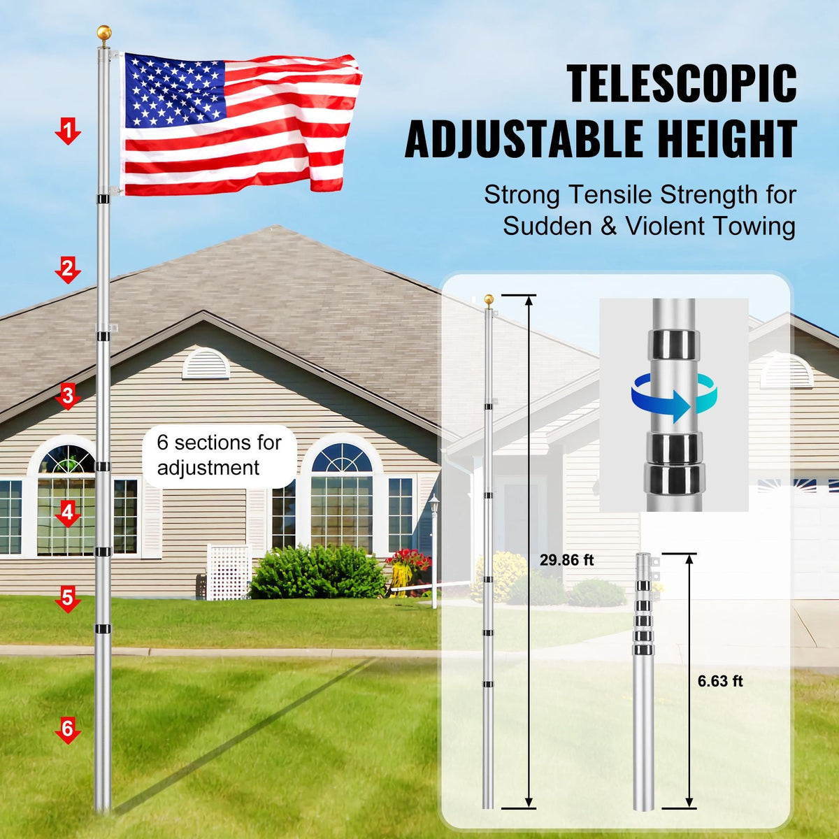 30FT Telescoping Flag pole Kit, Heavy Duty Aluminum Alloy in Ground Flag Poles for Outside, 3 Display Modes Flagpole with 3x5 American Flag, Professional Accessories, Silver
