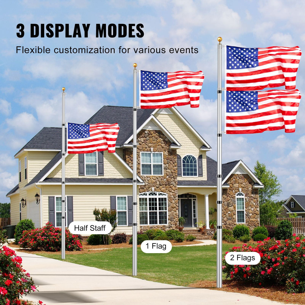 30FT Telescoping Flag pole Kit, Heavy Duty Aluminum Alloy in Ground Flag Poles for Outside, 3 Display Modes Flagpole with 3x5 American Flag, Professional Accessories, Silver