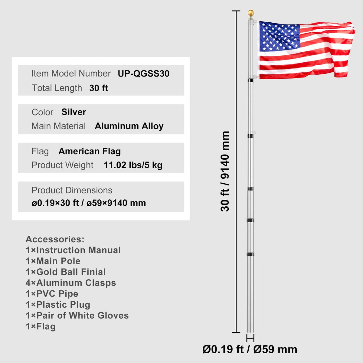 30FT Telescoping Flag pole Kit, Heavy Duty Aluminum Alloy in Ground Flag Poles for Outside, 3 Display Modes Flagpole with 3x5 American Flag, Professional Accessories, Silver