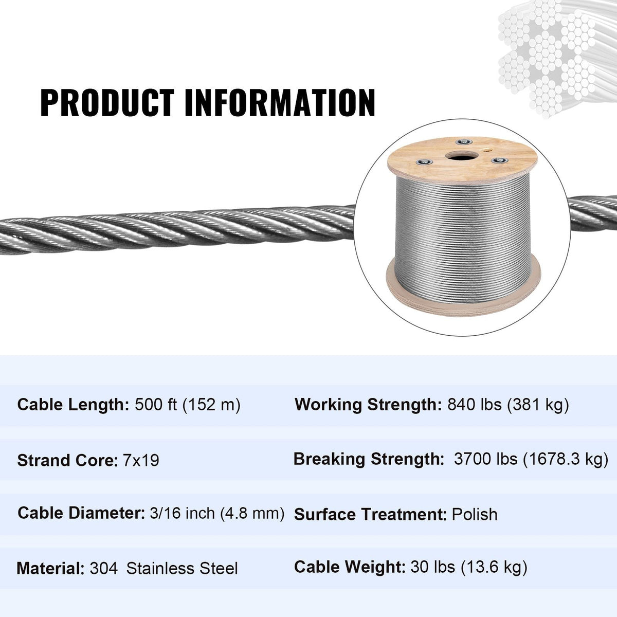 3/16 Inch 7x19 Stainless Steel Aircraft Cable Reel 500FT Stainless Steel Cable T304 Wire Rope Winch Cable Replacement (T304)
