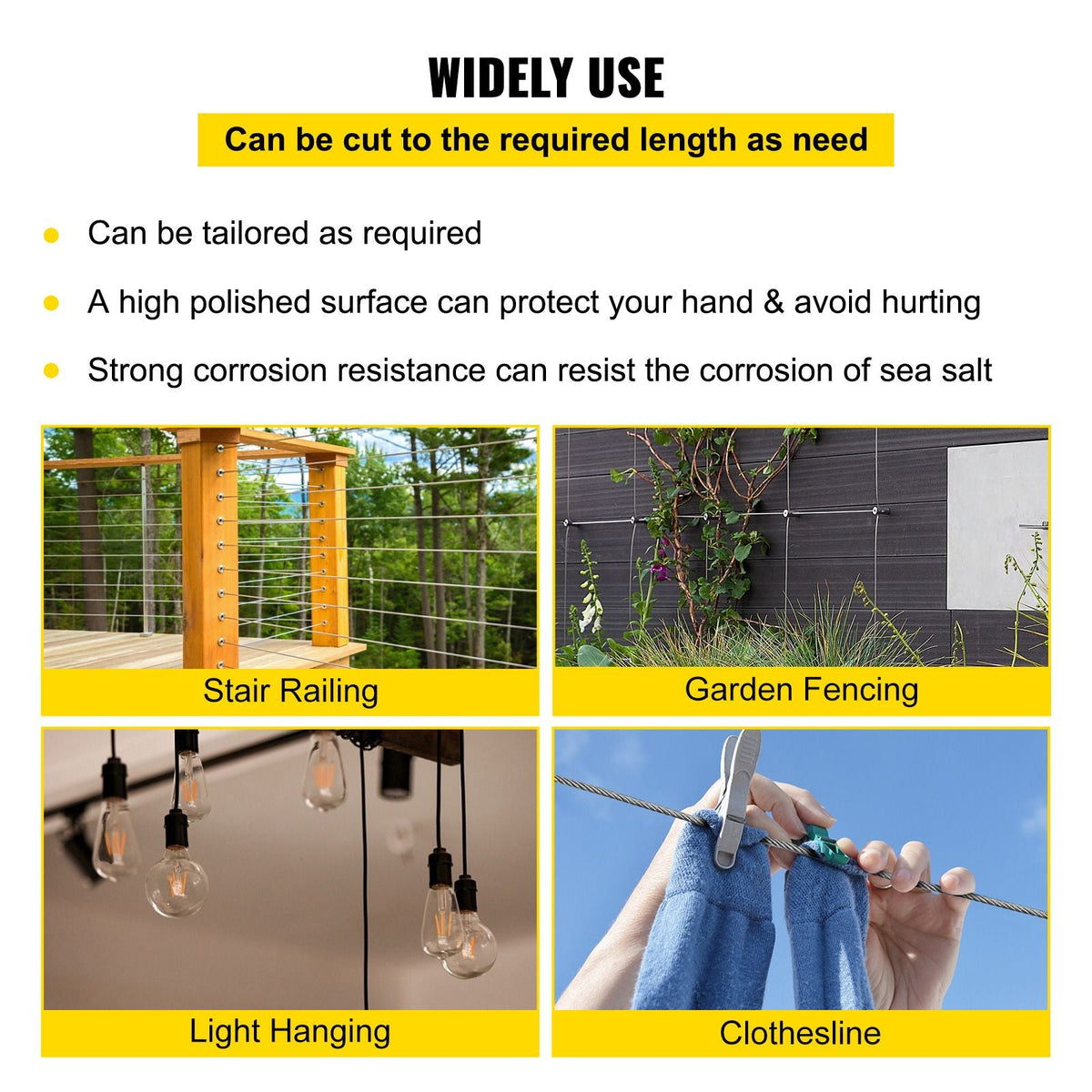 316 Stainless Steel Cable, 500FT Stainless Steel Wire Rope of 5/32 Inch Diameter and 1x19 Construction, 3300 LBS Breaking Strength Steel Cable for Outdoor Railing Decking DIY Balustrade