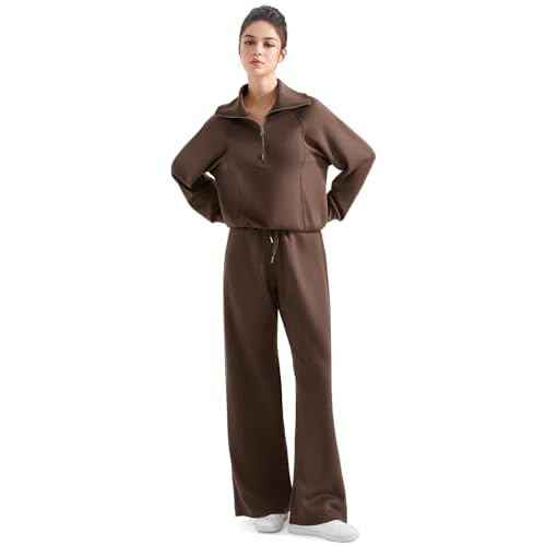 SUUKSESS Women 2 Piece Lounge Matching Set Wide Leg Sweatpant Half Zip Sweatshirt