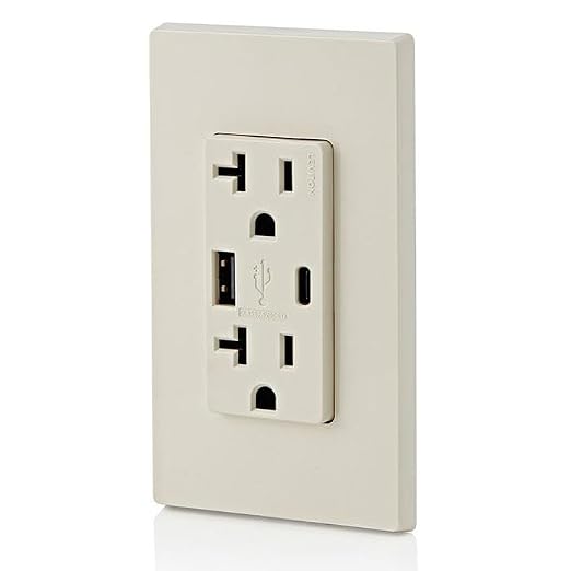 Leviton Type A &amp Type-C USB In-Wall Charger with 20A Tamper-Resistant Outlet USB Charger for Smartphones and Tablets. Not for Laptops T5833-E Black