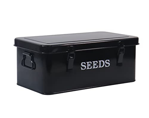 Seed Saving Box, Metal Seed Bin, Seed Storage Organizer, Seed Packet Container with Lid, Seed Envelope Storage Box, 4 Compartments Garden Seed Bin with Safety Locks-Black - color: Black