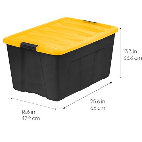 IRIS USA 72 Qt Stackable Plastic Storage Bins with Lids, 6 Pack - BPA-Free, Made in USA - Garage Organizing Solution, Latches, Durable Nestable Containers, Secure Pull Handle - Black/Yellow - size: 72 Qt, style: 6 Pack
