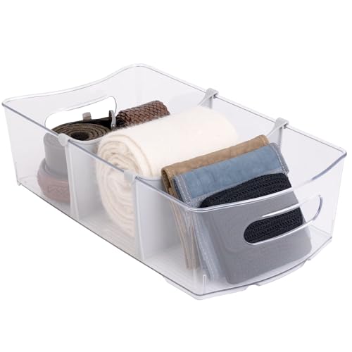 Wardrobe and laundry storage box with removable dividers, 14.5 inches long x 8 inches wide, transparent.