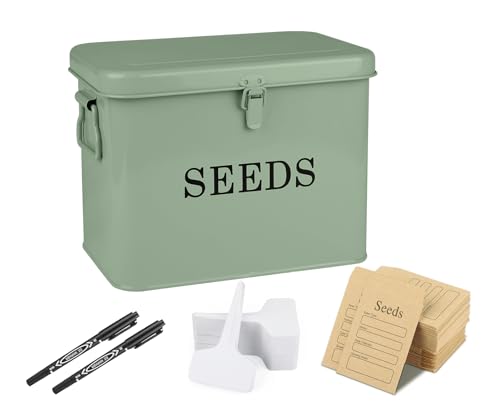 Seed Storage Organizer, T-Shape Compartment Seed Box with Safety Lock, Metal Seed Saving Box, Portable Seed Bin Container with Handle, Including 2 Pens 20 Plant Labels 50 Seed Envelopes-Green - color: Tall-Green