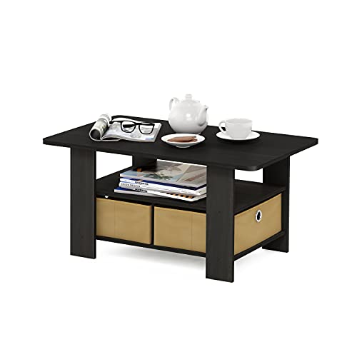 Furinno Andrey Coffee Table, Small Modern Coffee Table with Storage and Bin Drawer, Side Table for Living Room, Bedroom, Home Office, Dark Espresso - color: Dark Espresso/Brown, style: 2 Bin