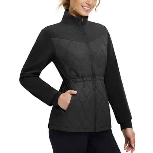baleaf Women's Puffer Jackets Lightweight Winter Warm Stand Collar Water Resistant Golf Quilted Jacket 4 Pockets Black L