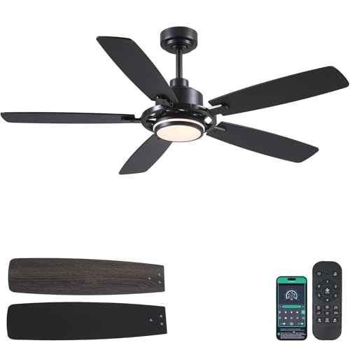 54" Black Ceiling Fans with Lights and Remote,Modern Led Ceiling Fans with Quiet DC Motor, Dimmable 6 Speeds Reversible for Living Room Patio Kitchen