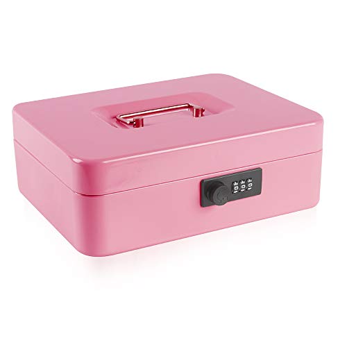 Kyodoled Large Cash Box with Combination Lock,Safe Metal Money Box with Money Tray for Security Lock Box 9.84"x 7.87"x 3.54" Pink Large - color: Pink, size: Large