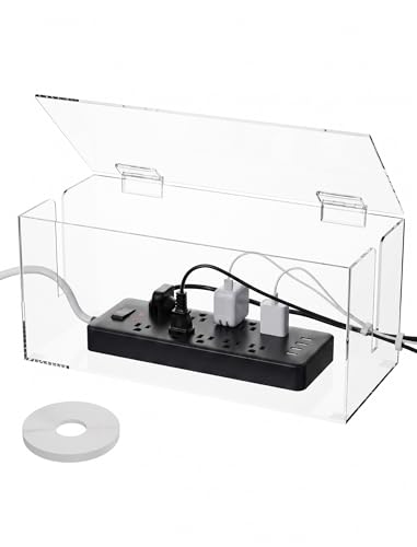 NiHome Large Clear Acrylic Cable Management Box, Power Strip Organizer with Ventilated Cover and Silicone Feet, Includes Reusable Ties, Transparent Cord Hider for Desk and Floor