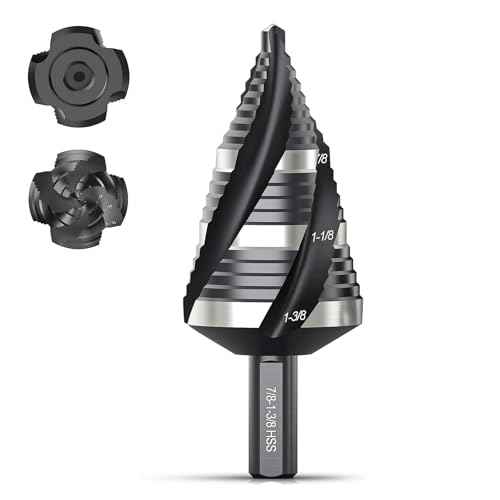 THINKWORK Four Spiral Flute Step Drill Bit, HSS Step Drill Bit3/16-1-3/8 (3 Popular Sizes) Unibit Step Drill Bit, 1/4" Shank Step Bits for Aluminum, Wood, Plastic, Metal
