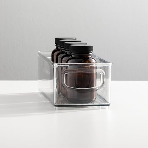 mDesign Plastic Bathroom Storage Container Bins w/ Handles - Closet, Cabinet, Vanity, Cupboard Shelf Organization, Hair Tools Accessory Organizer - Ligne Collection; Clear, 10x4x3 (Pack of 1) - size: 10 x 4 x 3 (Pack of 1)