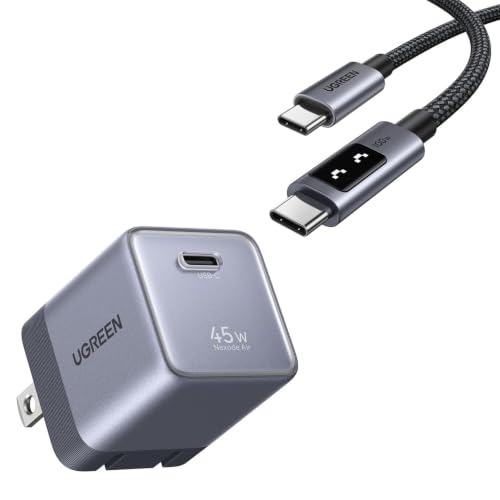 UGREEN 2-Item Bundle: Nexode Air 45W GaN USB C Wall Charger Block (Foldable Plug Travel Size) + 100W PD Fast Charging USB C to USB C Braided Cable for iPhone 17 16 MacBook Air Galaxy S26 iPad