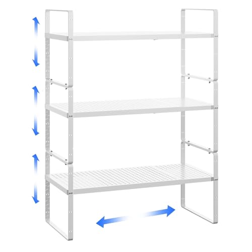 Expandable Kitchen Cabinet Shelf Organizer Rack Heavy Duty Metal Spice Rack Stackable Kitchen Counter Storage Shelf for Kitchen Cabinet Pantry Bathroom (White - 16.5"-27" L x 10.2" W x 9.6" H - 3Pack) - color: White - 16.5"-27" L X 10.2" W X 9.6" H - 3pac