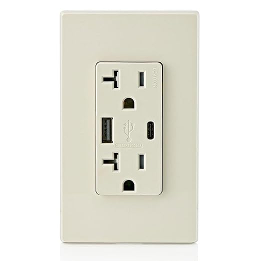 Leviton Type A &amp Type-C USB In-Wall Charger with 20A Tamper-Resistant Outlet USB Charger for Smartphones and Tablets. Not for Laptops T5833-E Black