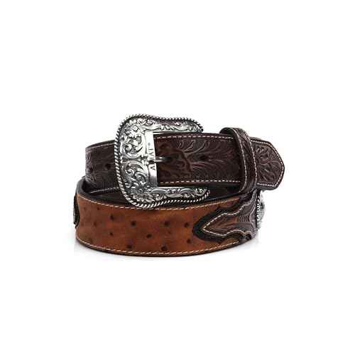 ARIAT Men's Faux Ostrich Leather Belt with Floral Emboss and Silver Conchos