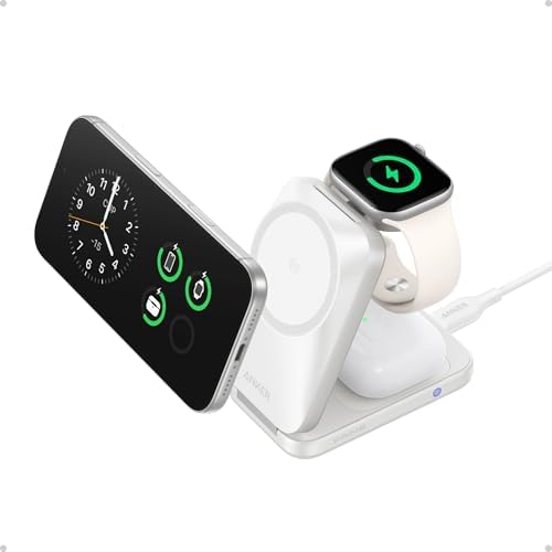 Anker 313 Wireless Charger (Stand) &amp Prime Foldable MagSafe Charger 25W Qi2.2-Certified Palm-Sized Travel-Ready 3-in-1 Charging Station AirCool Wireless Charger for iPhone 17