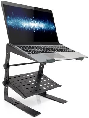 Pyle Portable Adjustable Laptop Stand - 6.3 to 10.9 Inch Standing Table Monitor or Computer Desk Workstation Riser with Shelf Storage and Height Alignment for DJ, PC, Gaming, Home or Office - PLPTS30