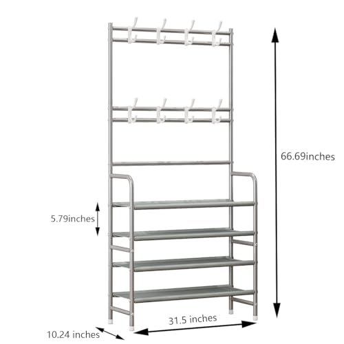 Coat Rack Shoe Rack With Storage Shelf Freestanding with 8 Hooks for Entryway Bedroom Closet 4 Tier, Grey - color: Grey