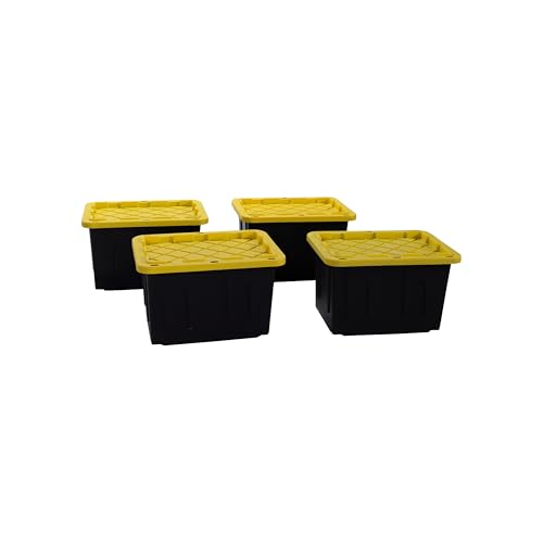 Plastic 23-Gallon Storage Tote with Lockable Lid, Stackable Tough Regular-Duty Bin for Garage, Tools, and Home Organization (4-Pack) - Black and Yellow - size: 23-Gallon (4-Pack)