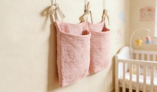 Bedside hanging bag for storing baby milk bottles and blankets - Baby diaper folding bed organizer bag - Pink - color: pink
