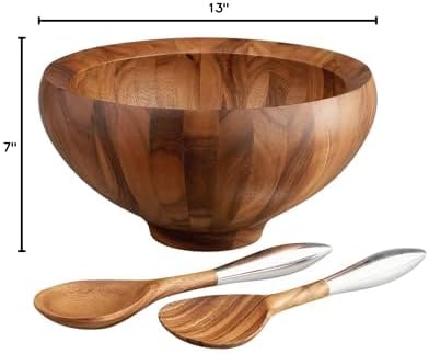 Nambé Yaro Salad Bowl Set – 14" Acacia Wood Bowl with Alloy-Accent Servers, Smooth Sculpted Design & 4 QT Capacity – Elegant Tableware for Serving Salads, Meals & Entertaining Guests