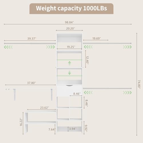 8ft Closet System with Drawers, 99 Inches Walk in Closet Organizer System with 3 Hanging Rods, Adjustable Built in Closets Systems, Sturdy Closets Insert, Easy Assembly, Max Load 1000 Lbs, White