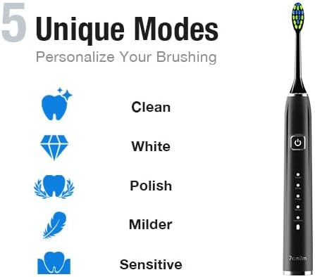 7AM2M Ultrasonic Electric Toothbrush with 6 Brush Heads for Adults&Kids, Type C Rechargeable, One Charge for 120 Days, 5 Modes&40000VPM Powered Toothbrush, 2 Minutes Built in Smart Timer (Black)