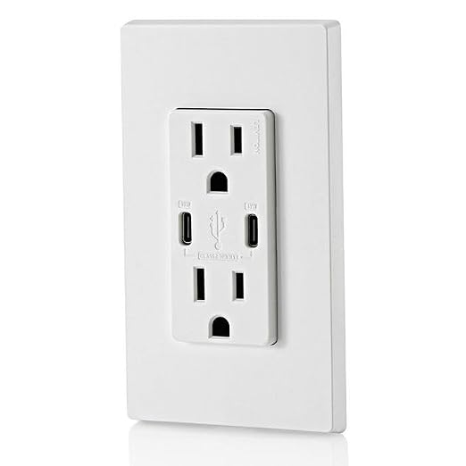 Leviton Type A &amp Type-C USB In-Wall Charger with 20A Tamper-Resistant Outlet USB Charger for Smartphones and Tablets. Not for Laptops T5833-E Black