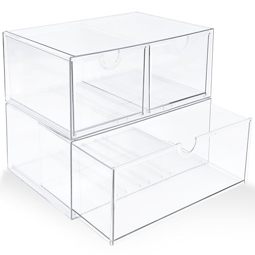 Prsildan Acrylic Drawer Makeup Organizer with 3 Drawers, Clear Stackable Storage for Baby Bottles, Craft, Jewelry & Hair Accessories, Multi-Use for Vanity, Countertop, Office Desk Organization - style: 3 Drawers