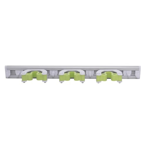 Pine-Sol Mop and Broom Holder - Hanging Wall Mount Storage Rack with 3 Slots and 6 Hooks - Adjustable Cleaning Tool Organizer for Garage, Kitchen, and Utility Closet