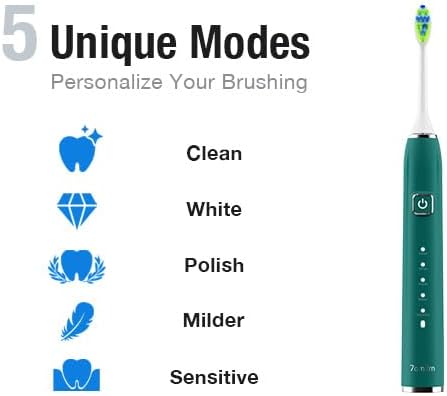 7AM2M Ultrasonic Electric Toothbrush with 6 Brush Heads for Adults&Kids, Type C Charging, One Charge for 120 Days, 5 Modes&40000VPM Powered Toothbrush, 2 Minutes Built in Smart Timer (Peacock Green)