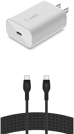Bundle of Belkin 25 Watt Wall Charger - Power Delivery - PPS Fast Charging for Samsung Galaxy S23 S22 Ultra Note10 Note9 Pixel 7 Pixel 6 iPad AirPods &amp More + Belkin 10ft USB-C to USB-C Cabl