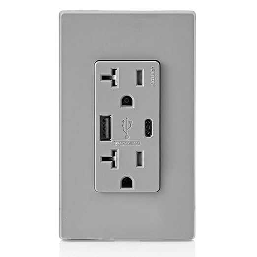 Leviton Type A &amp Type-C USB In-Wall Charger with 20A Tamper-Resistant Outlet USB Charger for Smartphones and Tablets. Not for Laptops T5833-E Black