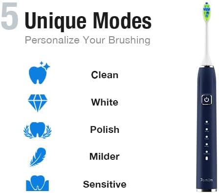 7AM2M Ultrasonic Electric Toothbrush with 6 Brush Heads for Adults&Kids, Type C Rechargeable, One Charge for 120 Days, 5 Modes&40000VPM Powered Toothbrush, 2 Minutes Built in Smart Timer (Navy Blue)