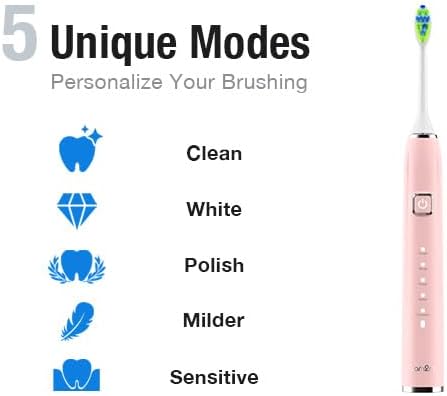 7AM2M Ultrasonic Pink Electric Toothbrush with 6 Brush Heads for Adults&Kids, Type C Rechargeable, One Charge for 120 Days, 5 Modes&40000VPM Powered Toothbrush, 2 Minutes Built in Smart Timer (Pink)