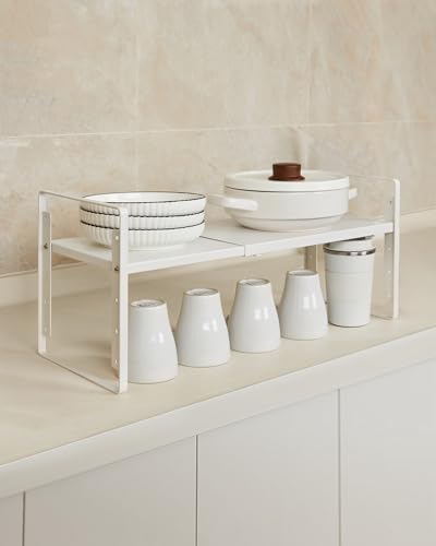 Nxconsu 2 Pack Cabinet Shelf Organizer Stackable 2-Tier Wide 10.5" Depth, Expandable Width (13.4"–24.8"), 10-Level Adjustable Height, Metal Counter Shelf Riser for Cupboard Pantry Countertop, White - size: Wide Depth (10.5") - 2 Pack