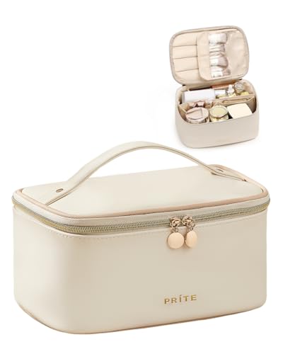 Prite Makeup Bag, Large Capacity Portable Travel Cosmetic Bag, Waterproof Makeup Organizer for Women with Handle and Divider (001 Beige) - color: 001 Beige