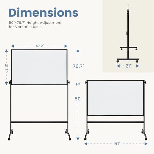 DUMOS Rolling Whiteboard Double Sided 46 x 32 Inches, Magnetic White Board Dry Erase on Wheels, Dry Erase Board with Stand for School, Office and Home, Silver Aluminium Frame, Black