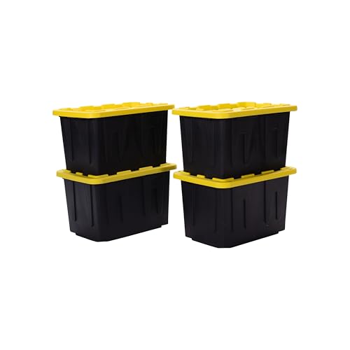 Plastic 23-Gallon Storage Tote with Lockable Lid, Stackable Tough Regular-Duty Bin for Garage, Tools, and Home Organization (4-Pack) - Black and Yellow - size: 23-Gallon (4-Pack)